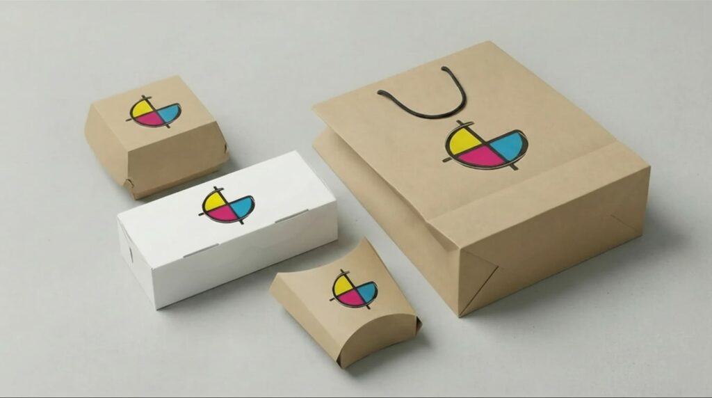 Embalagens para delivery personalizadas em papel, com diferentes formatos para alimentos